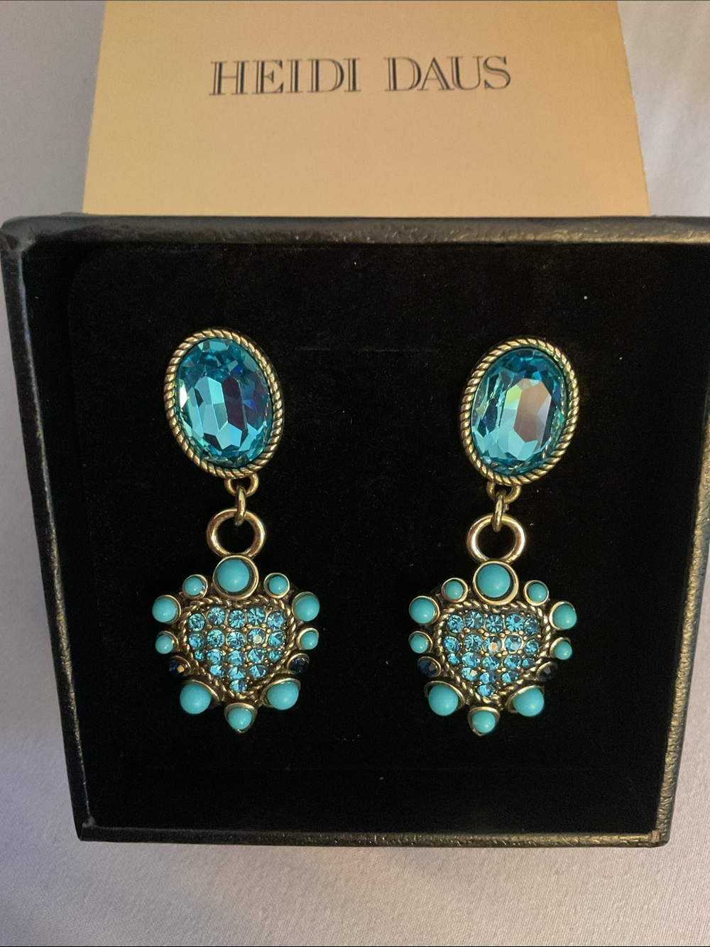 Heidi Daus "Santa Fe Heart" Turquoise Aqua Crystal Drop Omega post Earrings NEW